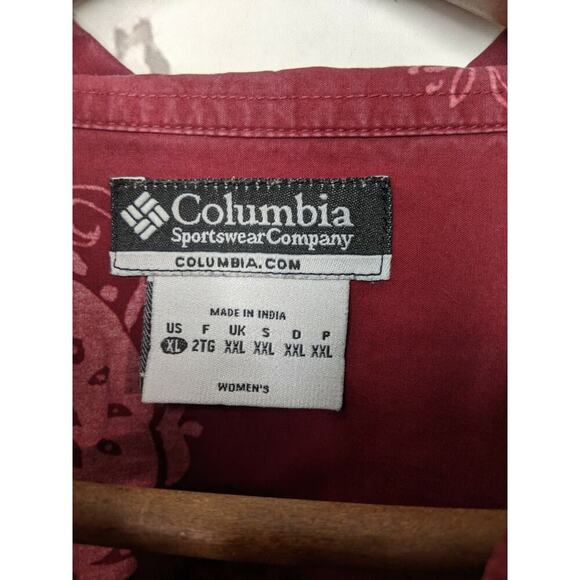 Columbia Shirt Womens XL Red Pink Button Up Front Floral Collared Cotton Tiki - Picture 6 of 7